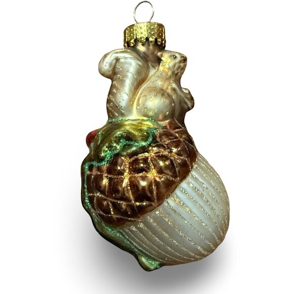 Vintage UT Squirrel Acorn Christmas Ornament Y2K Hand Painted Glass Gold Glitter - Picture 3 of 5